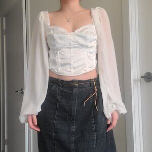 Missguided White Mesh Corset Crop Zip-Up Blouse Shirt (Size 6)